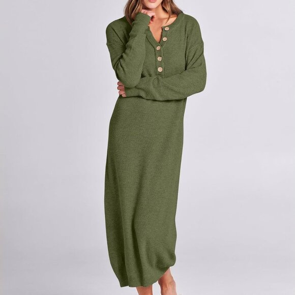 Women Long Sleeve Button V Neck Casual Loose Fit Waffle Knit Dress Green - Picture 2 of 8